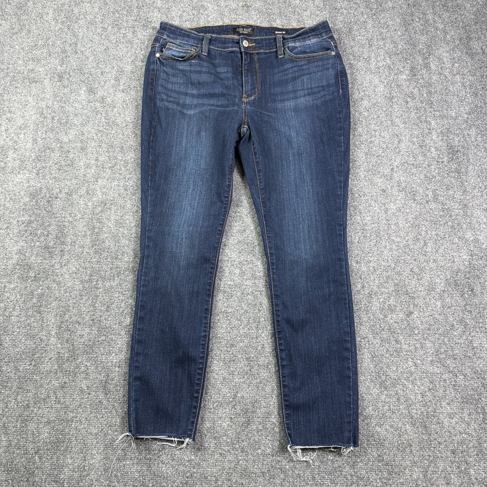Judy Blue Womens Skinny Fit Jeans 15/32 Mid Rise Stretch Raw Hem Dark Wash Blue